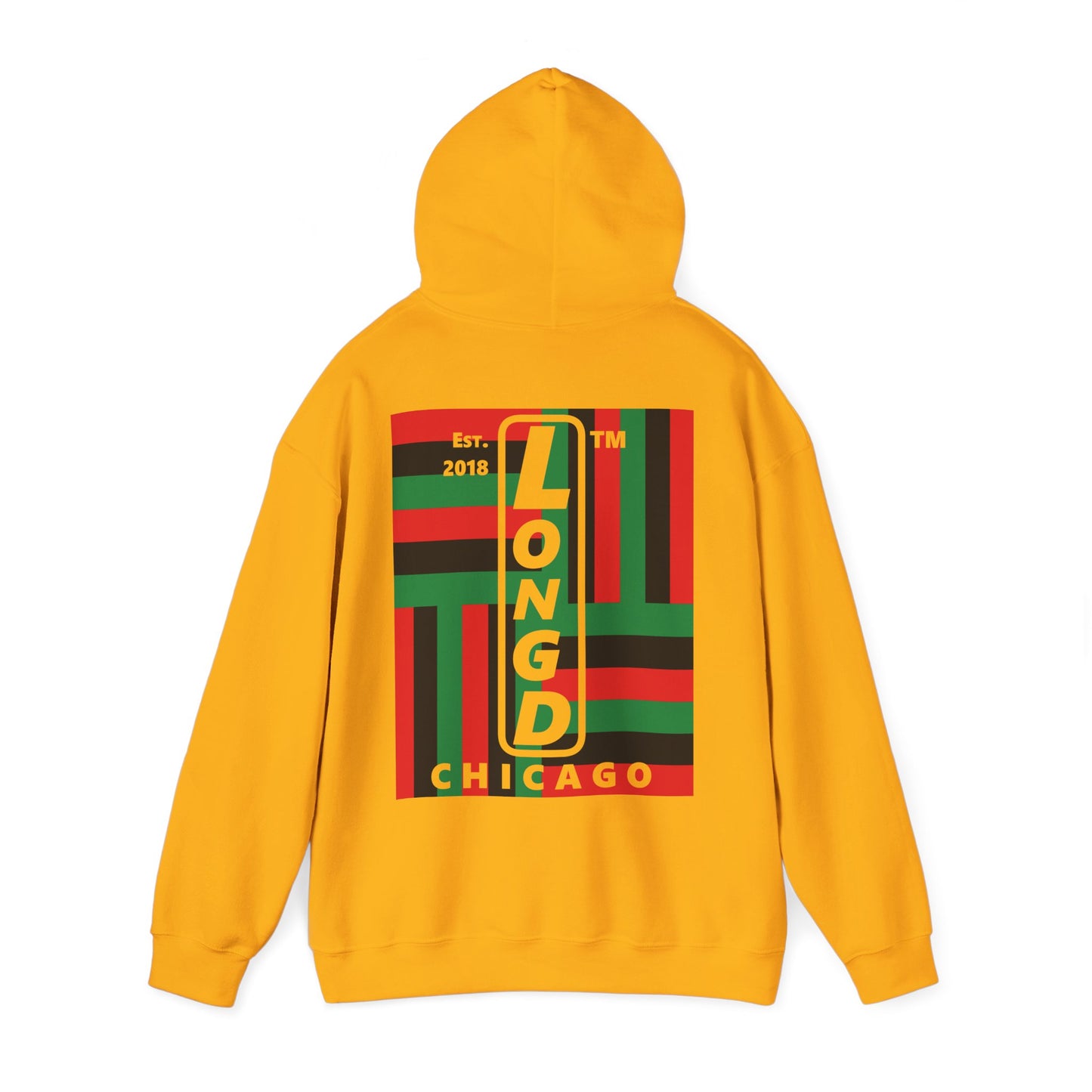 LongD single-breasted negative windmill front-back upright Chicago logo hoodie (Juneteenth colors)