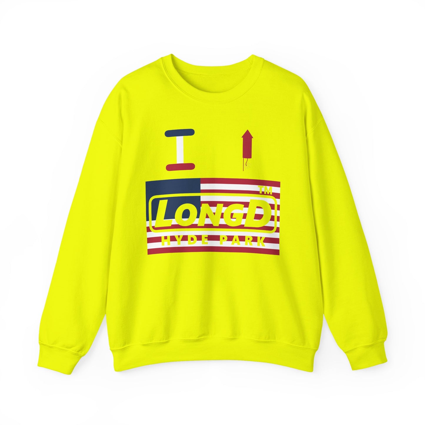 I firecracker LongD negative flag front-back Hyde Park logo crewneck sweatshirt
