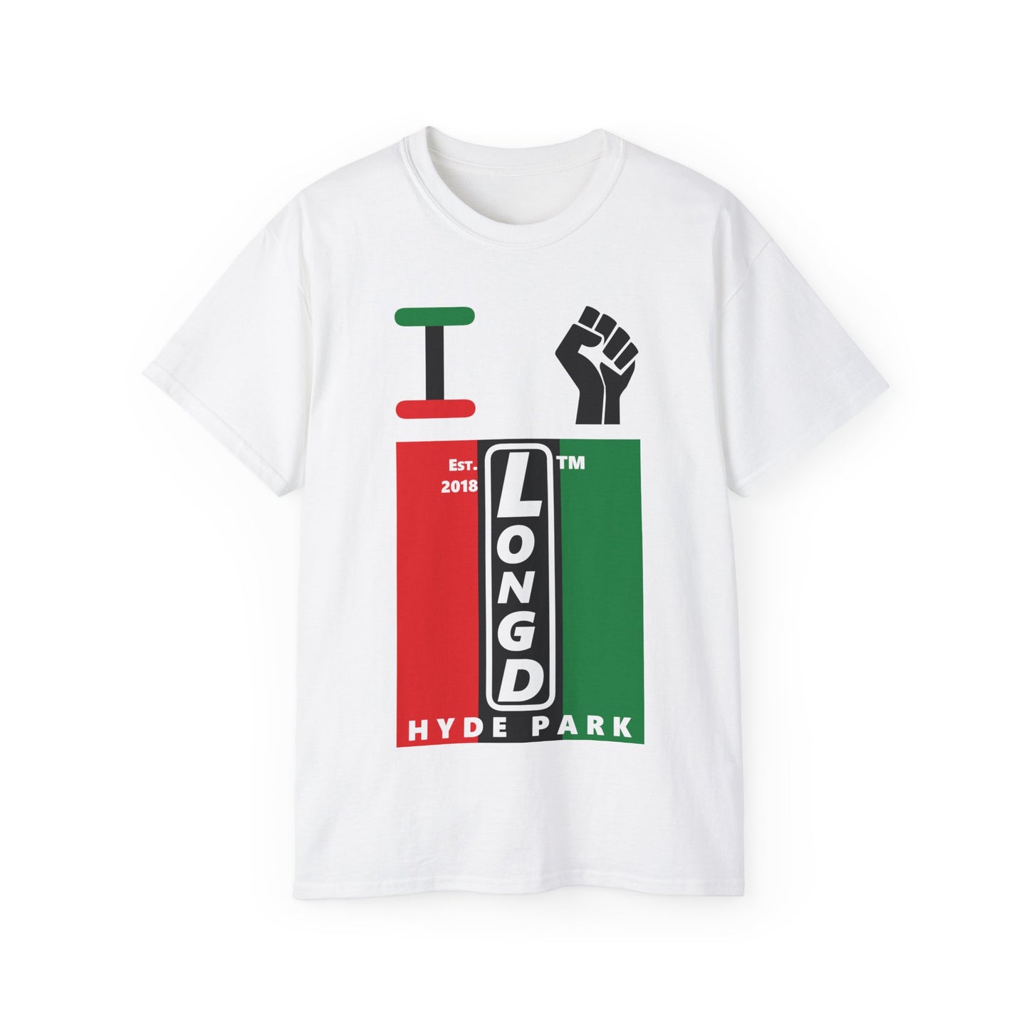 I fist LongD Cotton Tee negative vertical striped Hyde Park upright logo (Juneteenth colors)