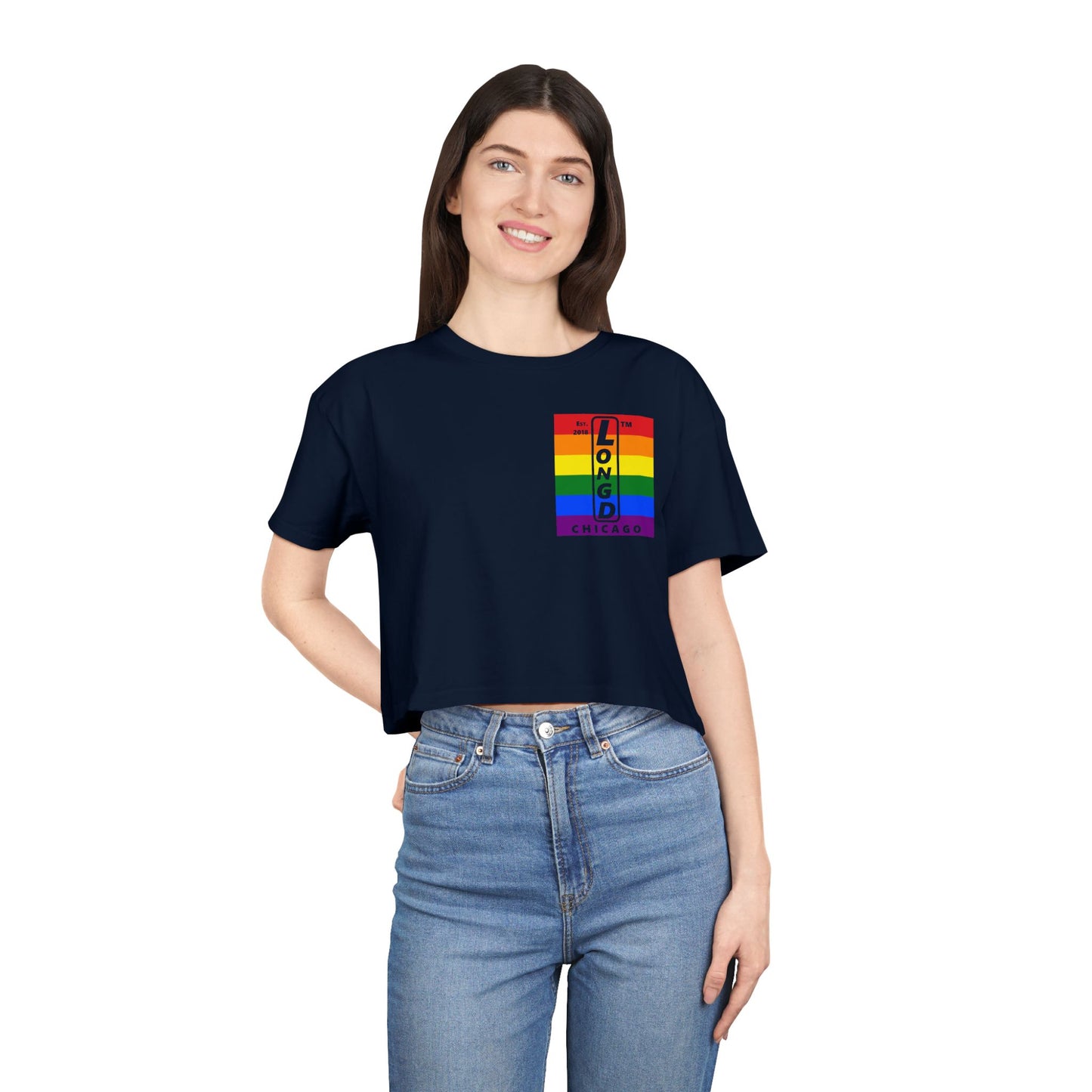 Negative horizontal 6-striped upright single-breasted Chicago logo crop tee (Pride colors)
