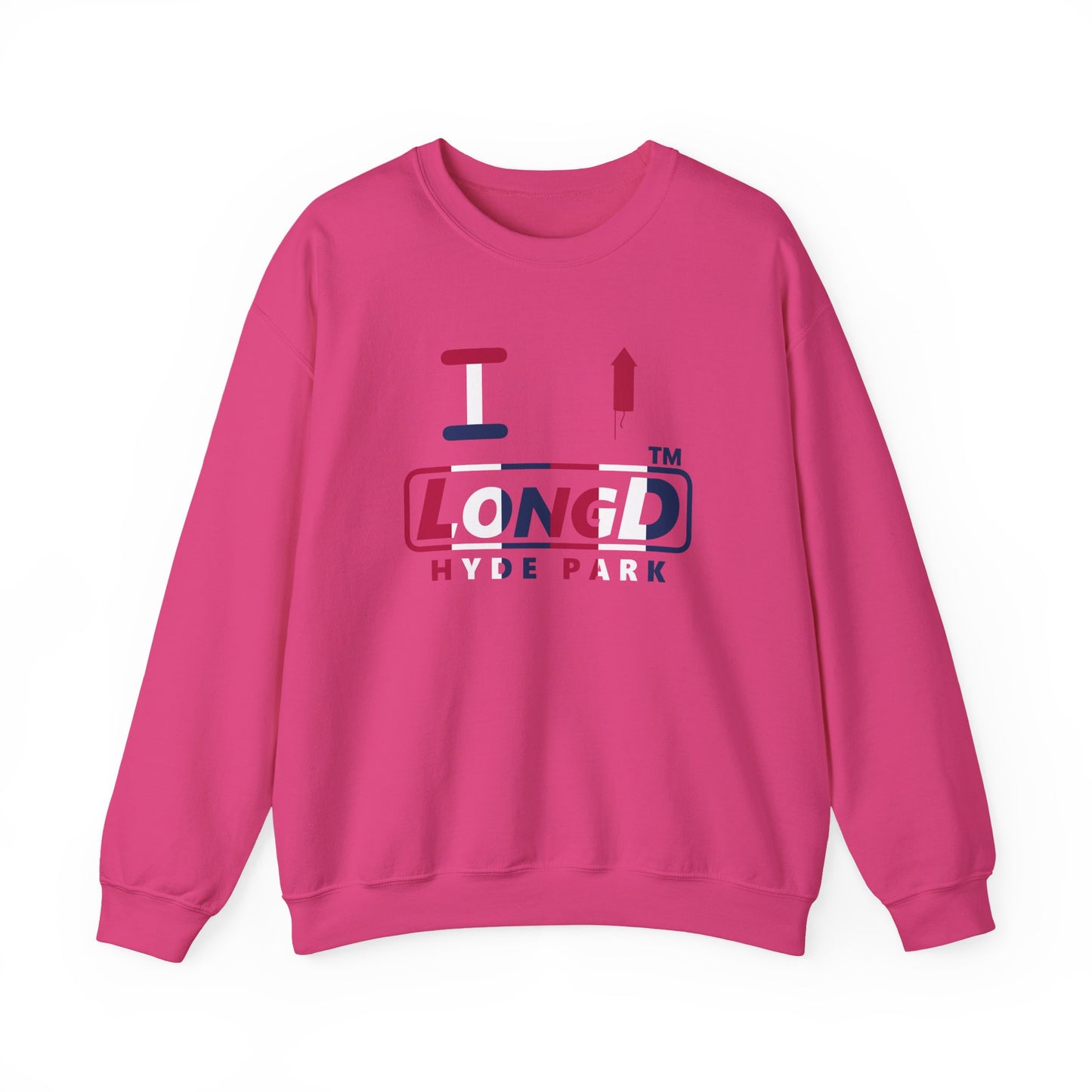 I firecracker LongD positive vertical 6-striped Hyde Park logo crewneck sweatshirt