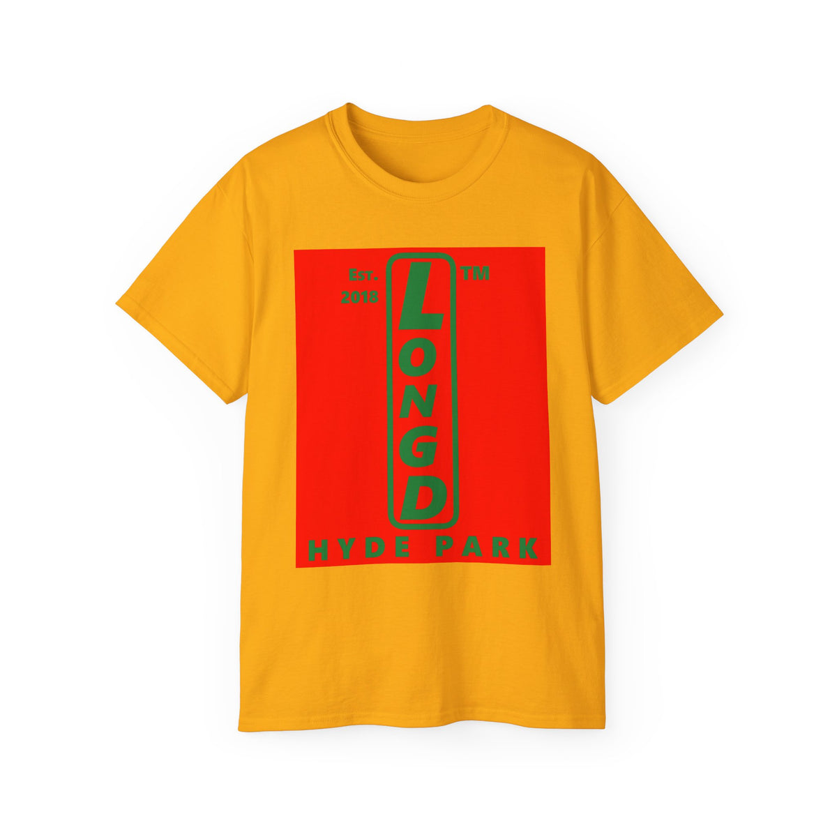 LongD Hyde Park upright logo positive green on negative red (Xmas colors) cotton tee