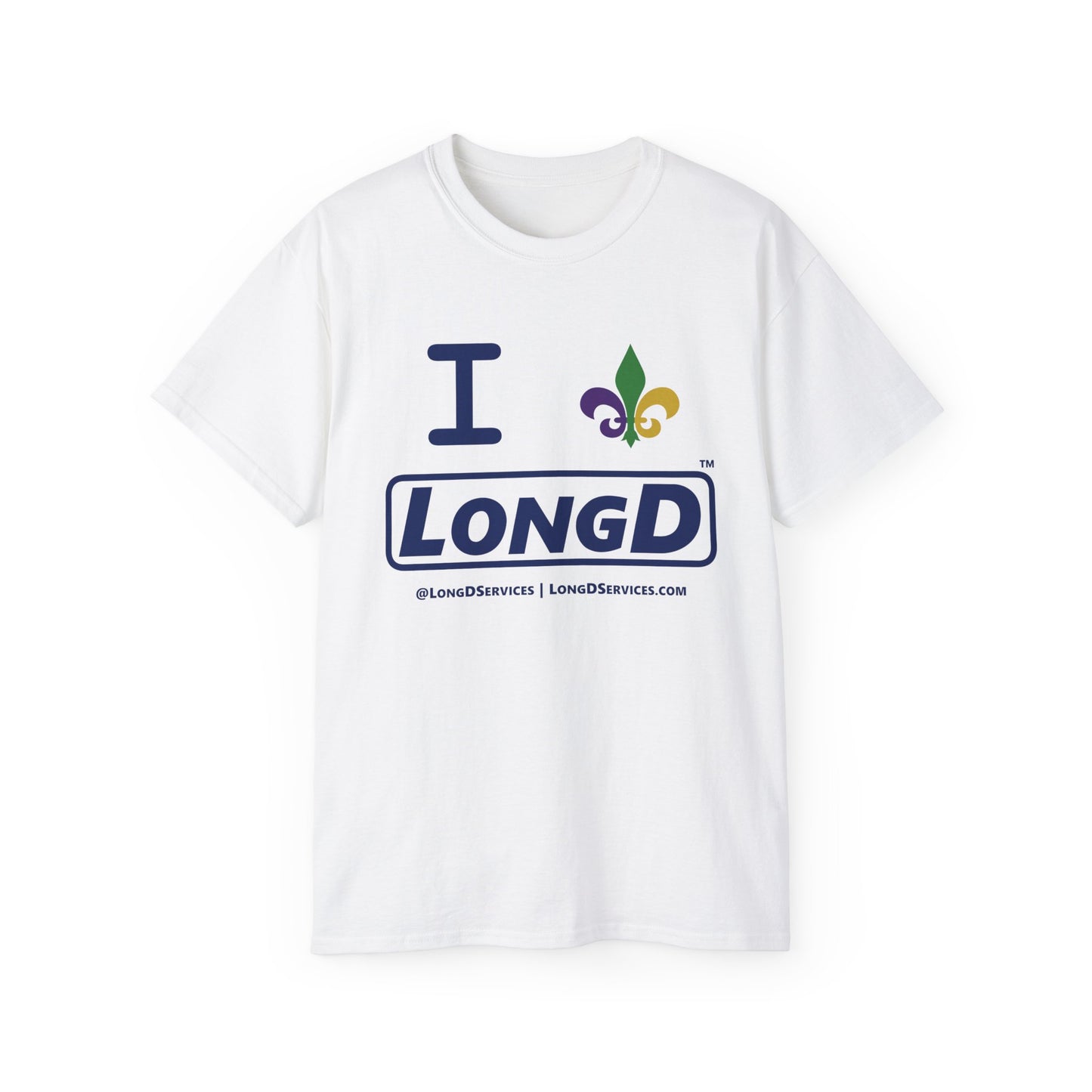 I Fleur LongD® Logo Cotton Tee (blue text & Mardi Gras colored  fleur de lis)
