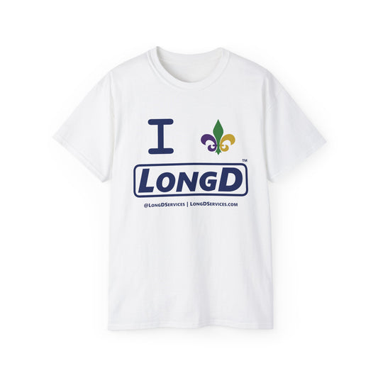 I Fleur LongD® Logo Cotton Tee (blue text & Mardi Gras colored  fleur de lis)