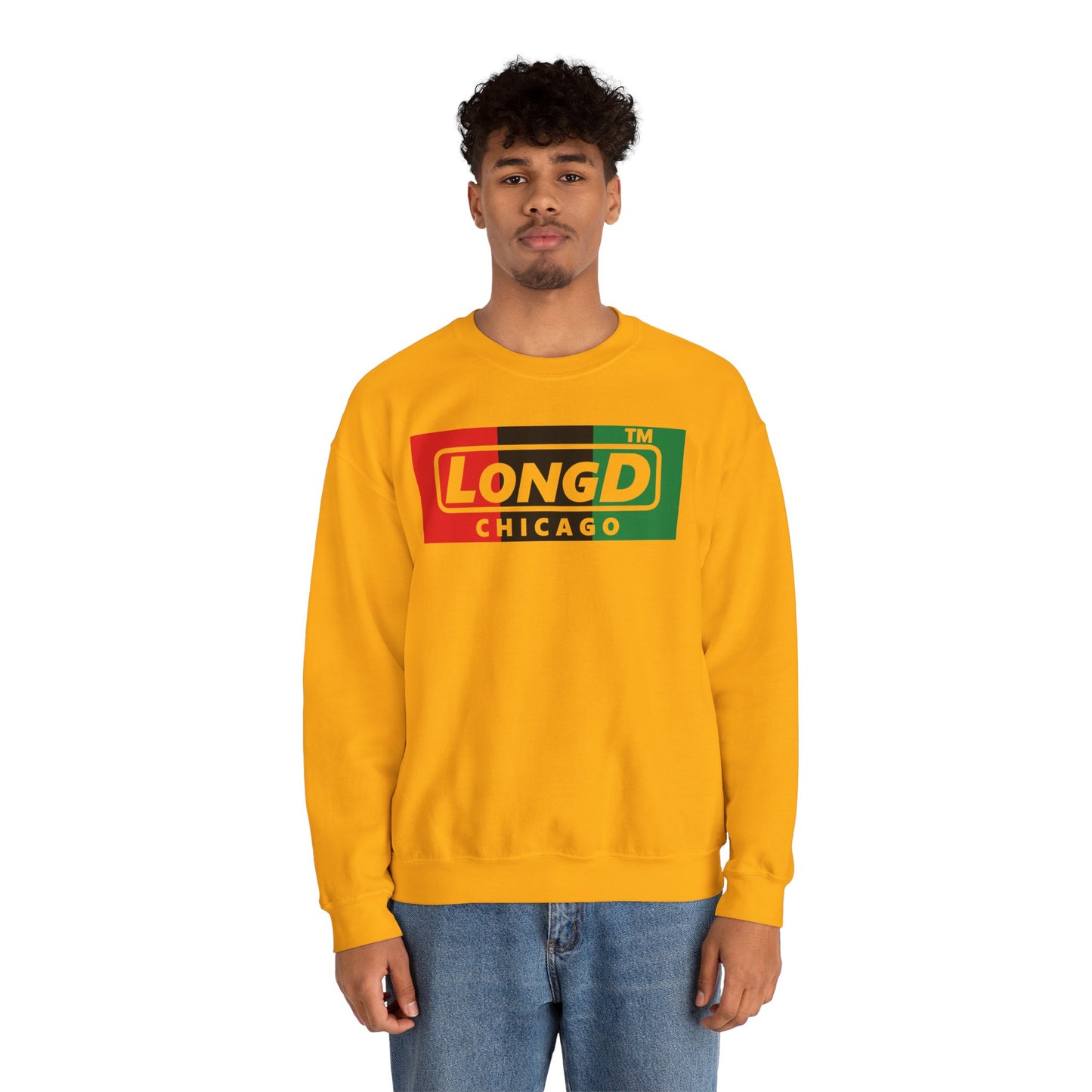 LongD negative vertical 3-striped Chicago logo crewneck sweatshirt (Juneteenth colors)