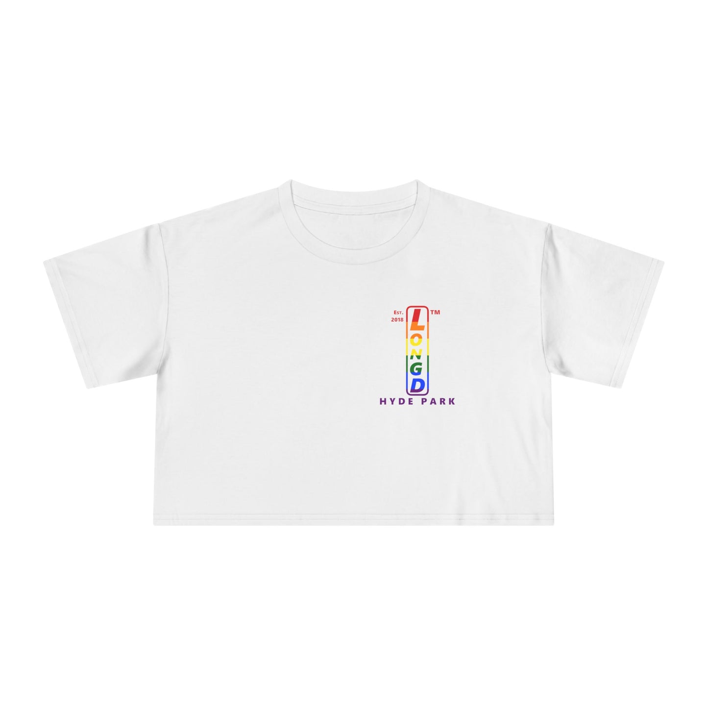 Positive horizontal 6-striped upright single-breasted Hyde Park logo crop tee (Pride colors)