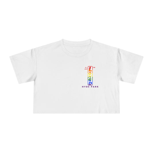 Positive horizontal 6-striped upright single-breasted Hyde Park logo crop tee (Pride colors)