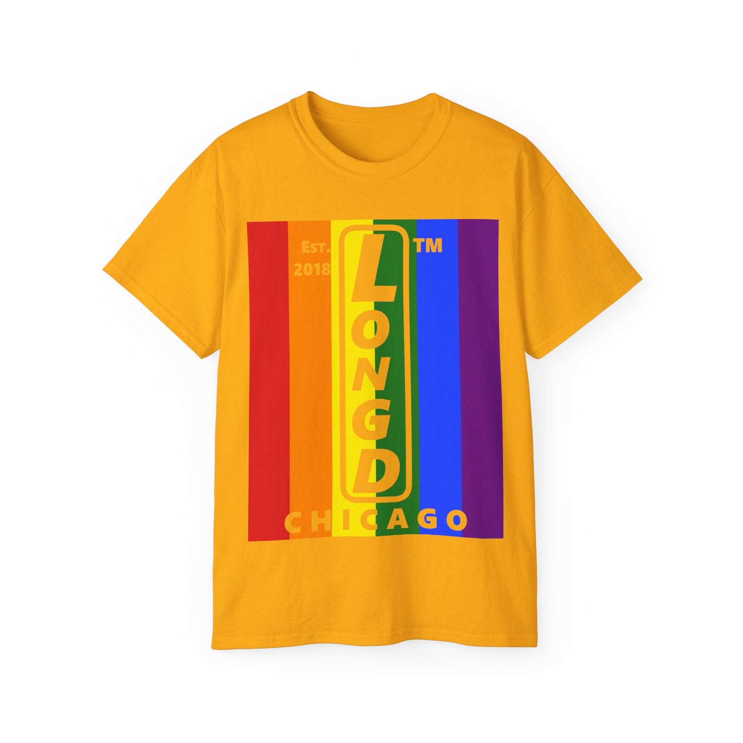 LongD Cotton Tee negative vertical striped Chicago upright logo (Pride colors)