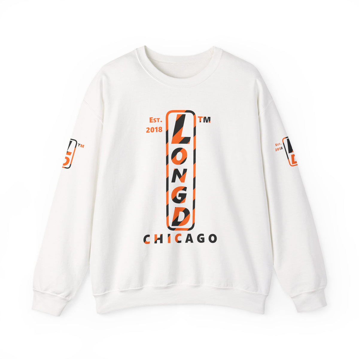 LongD Chicago positive upright pixel-weighted 12-striped 4-print logo (Halloween colors) crewneck sweatshirt