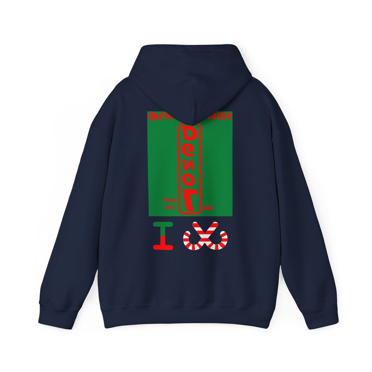 I candy cane LongD Tag upright front-back logo positive red on negative green hoodie