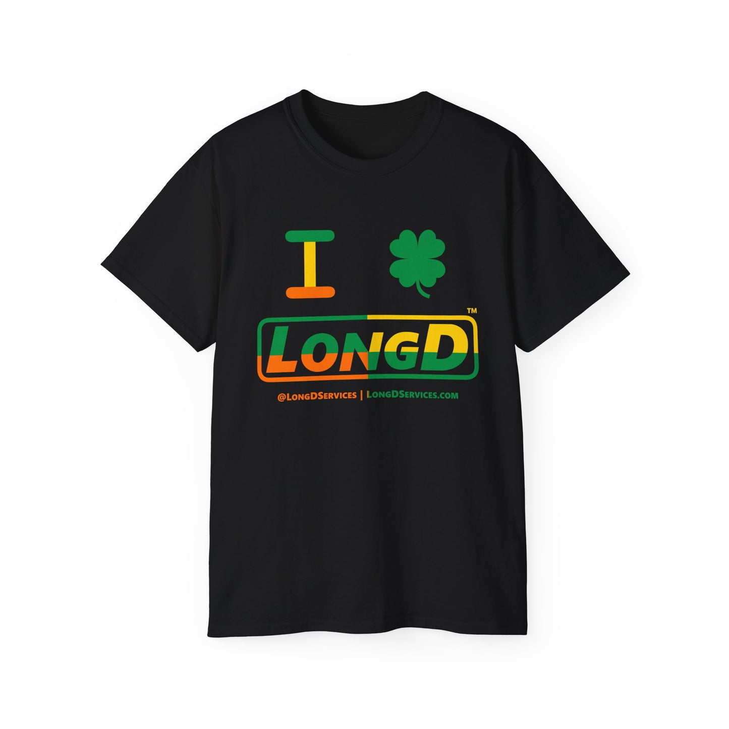 I Clover LongD® Logo Cotton Tee (St. Patrick's Day -Irish Green, Golden Yellow and Irish Orange quarters with 4-leaf clover)