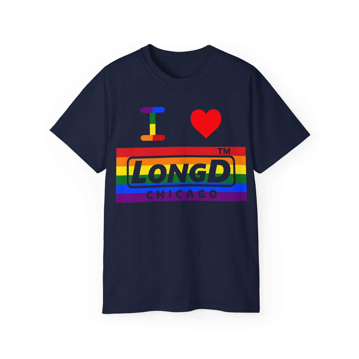I Luv LongD negative horizontal striped front-back Chicago logo cotton tee (Pride colors)