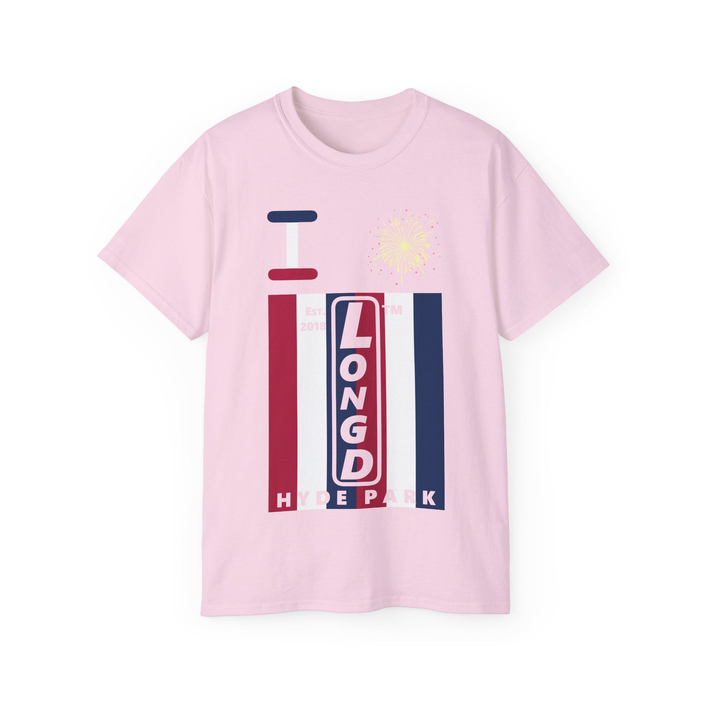I Burst LongD cotton tee negative vertical 6-striped Hyde Park upright logo (Patriotic colors)