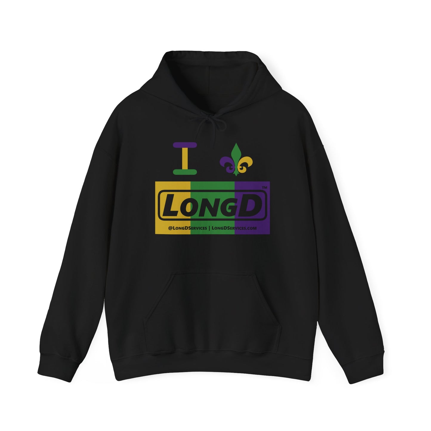 I Fleur LongD® Logo Hoodie (Mardi Gras Forest Green-Royal Purple-Goldenrod Yellow negative text)