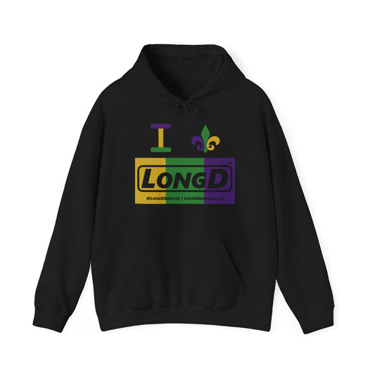 I Fleur LongD® Logo Hoodie (Mardi Gras Forest Green-Royal Purple-Goldenrod Yellow negative text)
