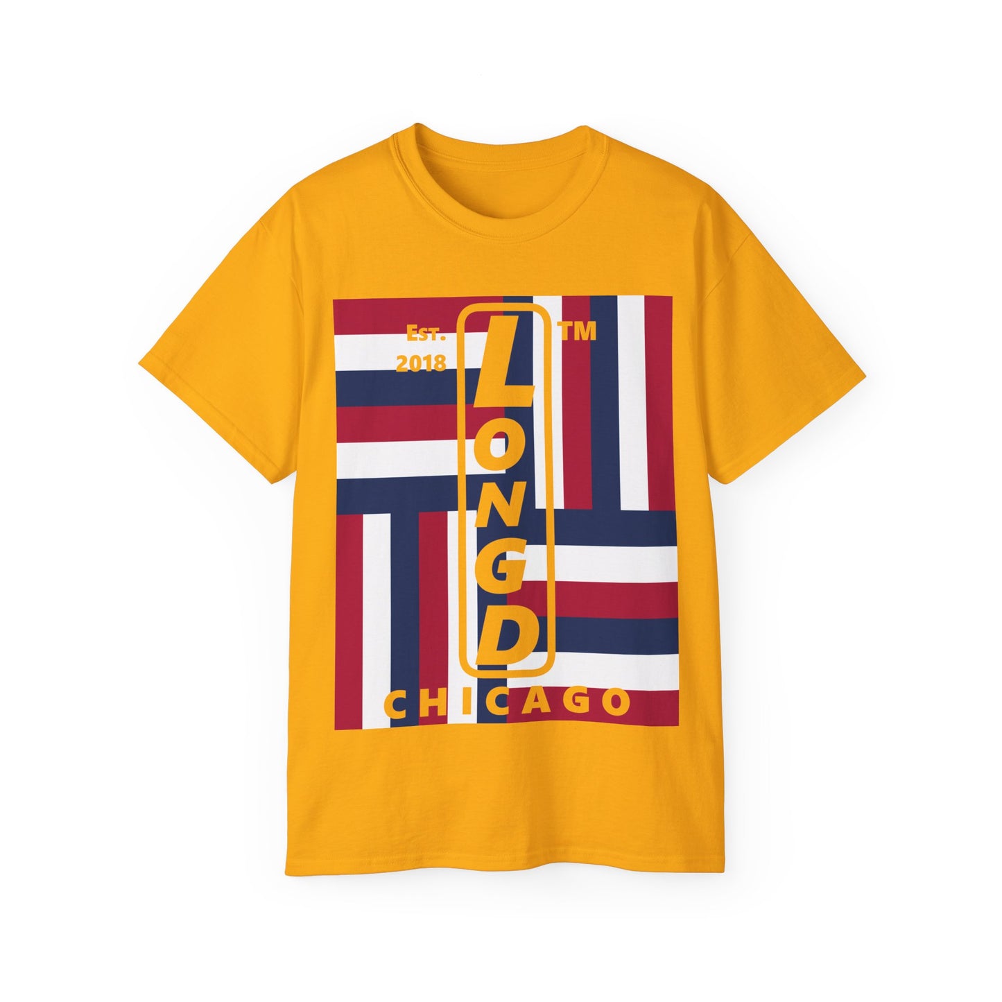 LongD cotton tee negative windmill Chicago upright logo (Patriotic colors)