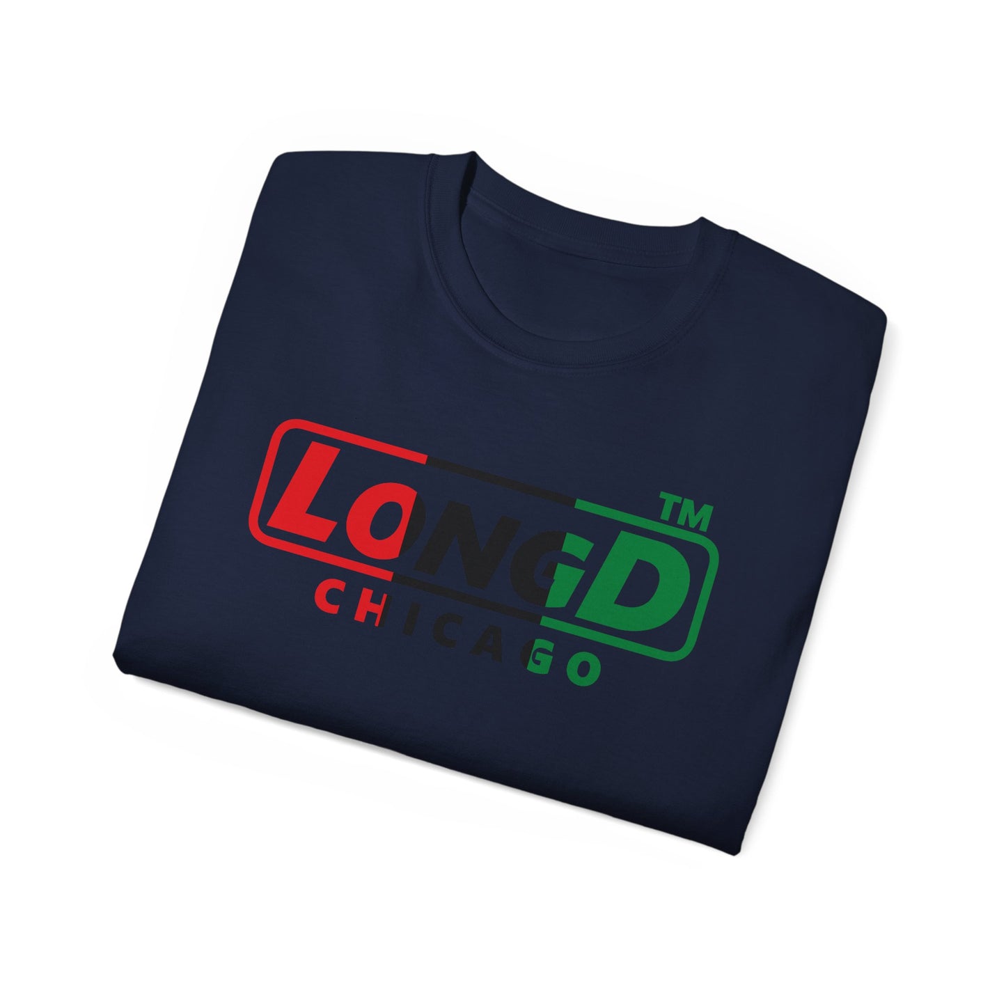 LongD positive vertical 3-striped Chicago logo cotton tee (Juneteenth colors)