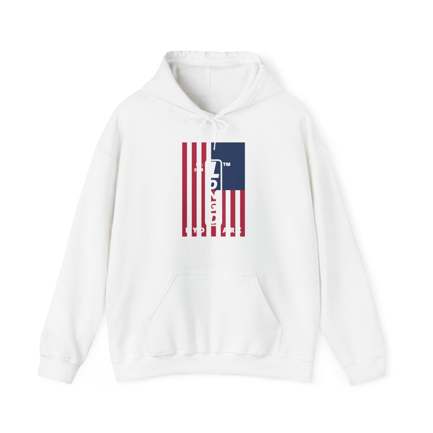 LongD® negative cropped flag upright Hyde Park logo hoodie (Patriotic colors)