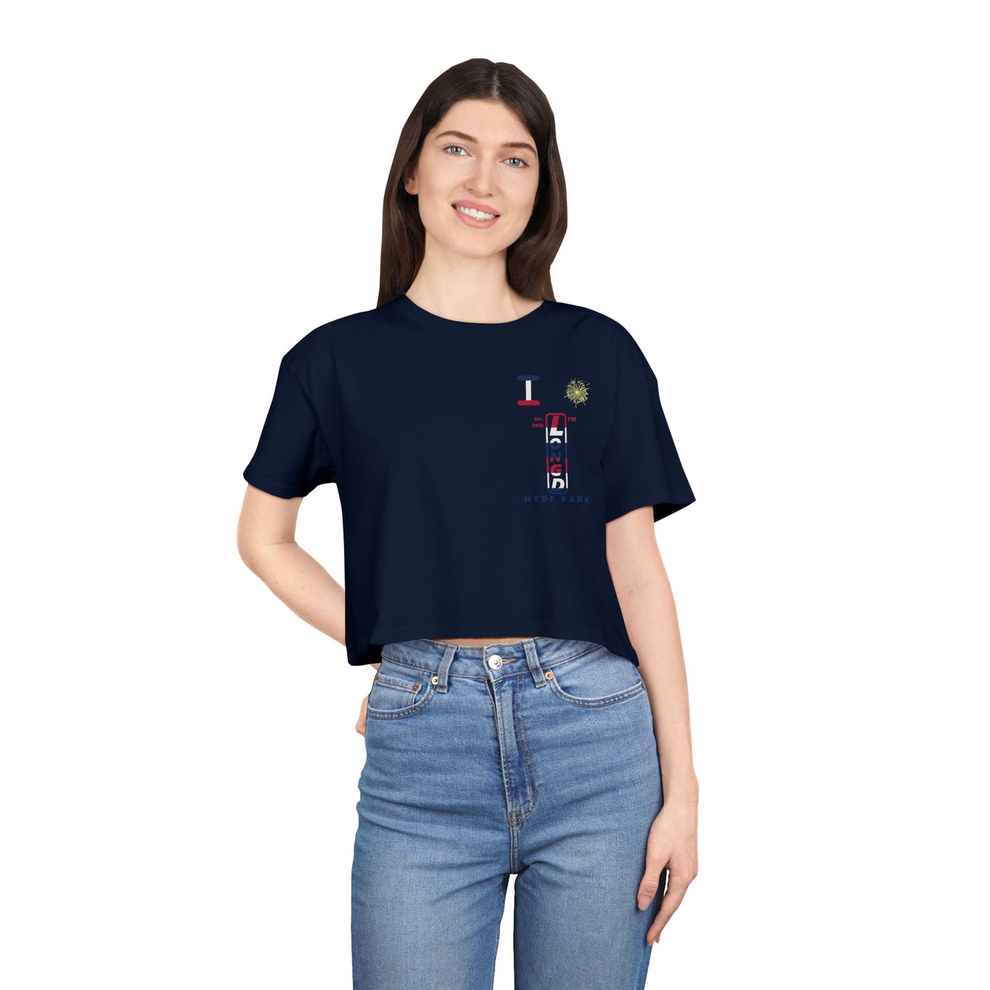 I burst LongD positive horizontal 6-striped single-breasted upright front-back Hyde Park logo crop tee