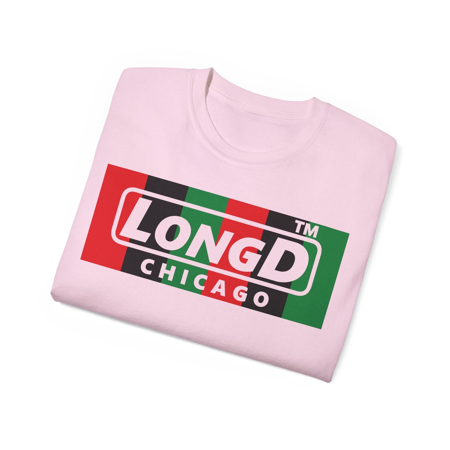 LongD negative vertical 6-striped Chicago logo front-back cotton tee (Juneteenth colors)