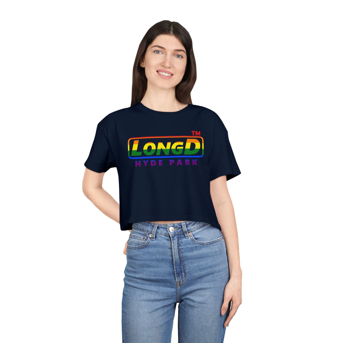 LongD positive horizontal 6-striped Hyde Park logo crop tee (Pride colors)