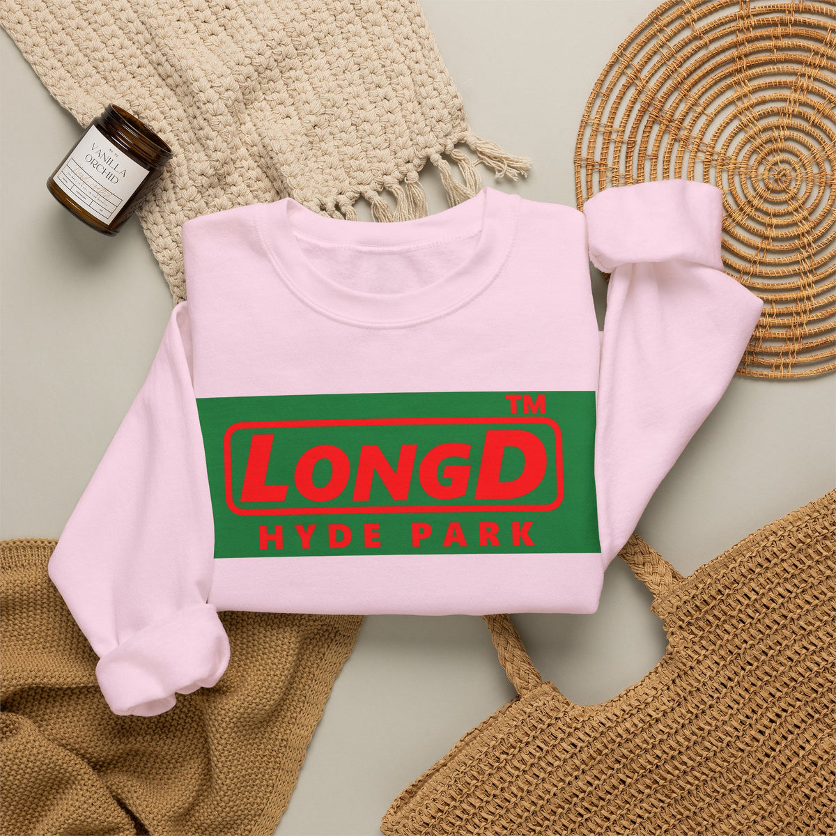 LongD Hyde Park logo positive red on negative green (Xmas colors) crewneck sweatshirt