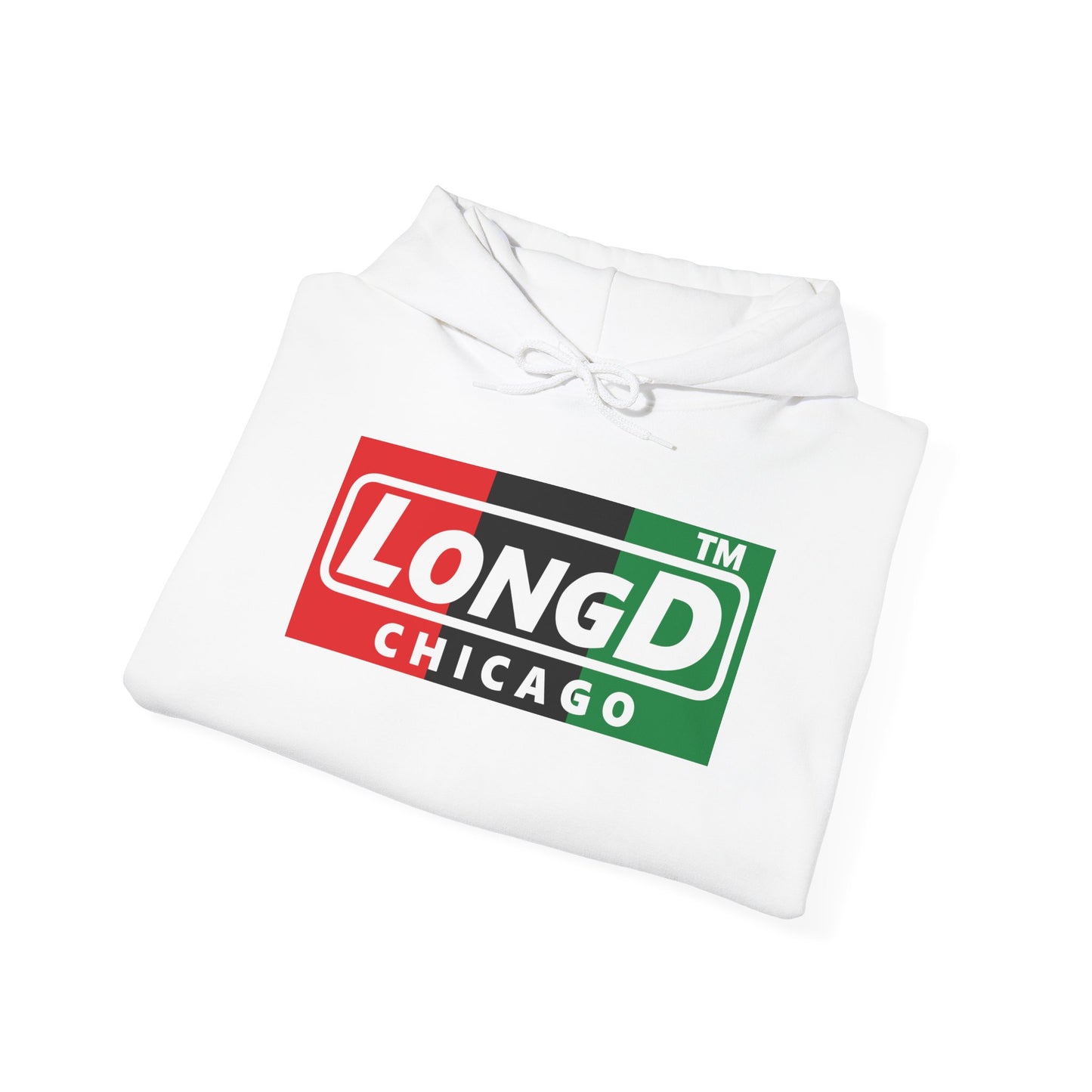 LongD® negative vertical 3-striped Chicago logo Hoodie (Juneteenth colors)