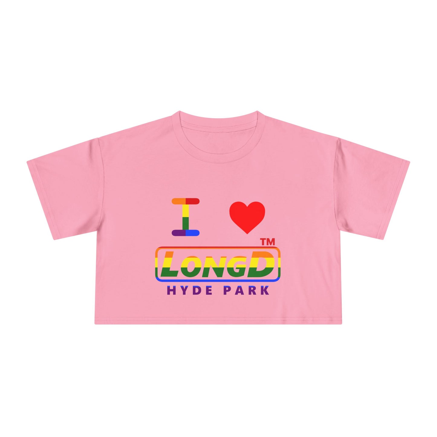 I Luv LongD positive horizontal 6-striped Hyde Park logo crop tee (Pride colors)