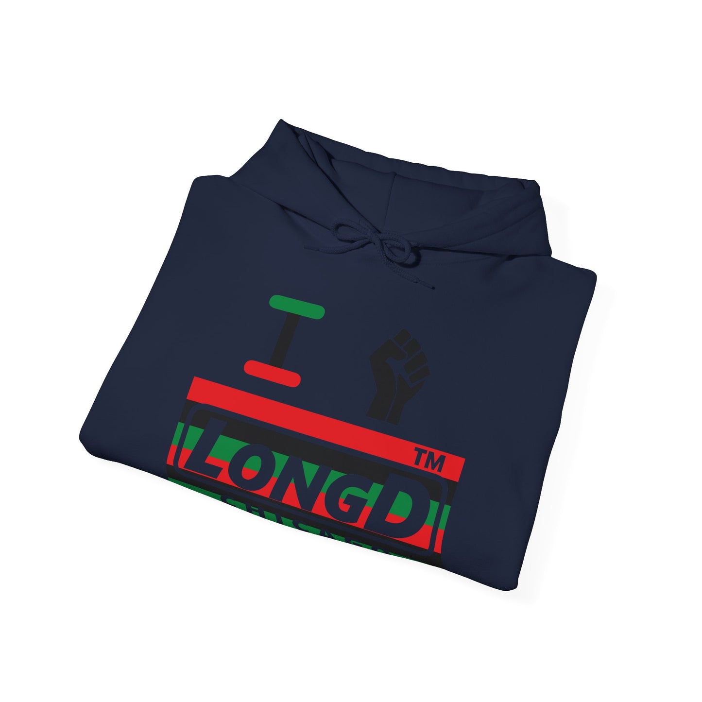 I fist LongD® negative horizontal 6-striped Chicago logo Hoodie (Juneteenth colors)