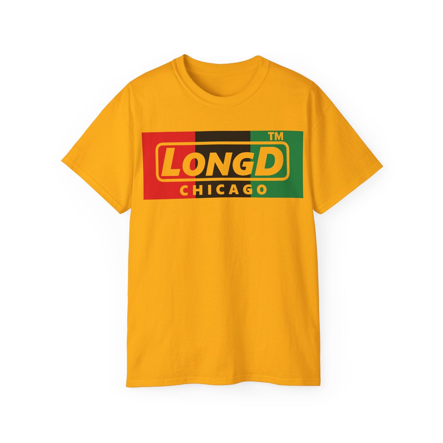 LongD negative vertical 3-striped Chicago logo cotton tee (Juneteenth colors)