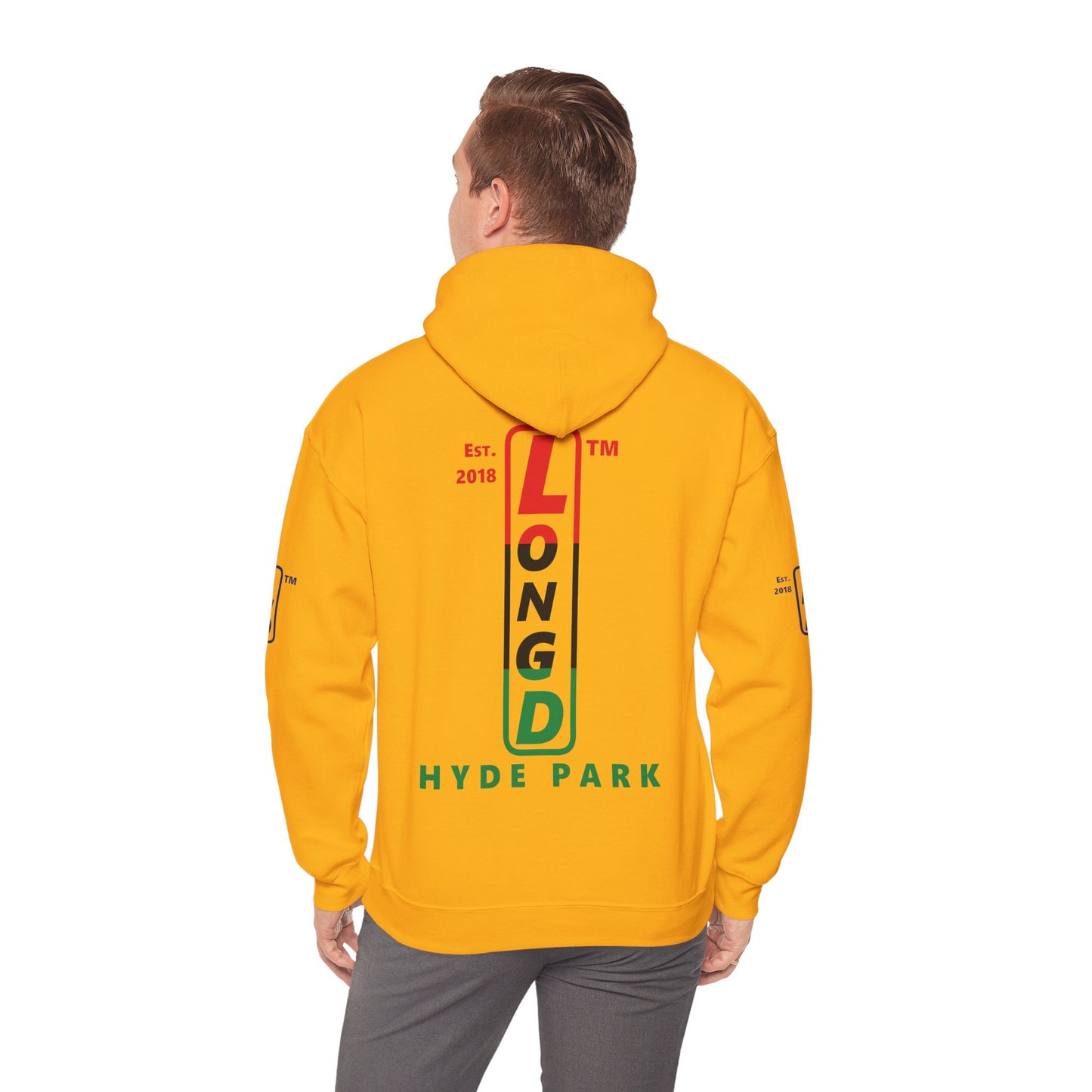 LongD® positive horizontal 3-striped Hyde Park 4-print upright logo hoodie (Juneteenth colors)