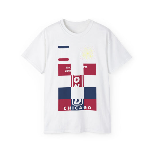 I Burst LongD cotton tee negative 4x3 Chicago upright logo (Patriotic colors)