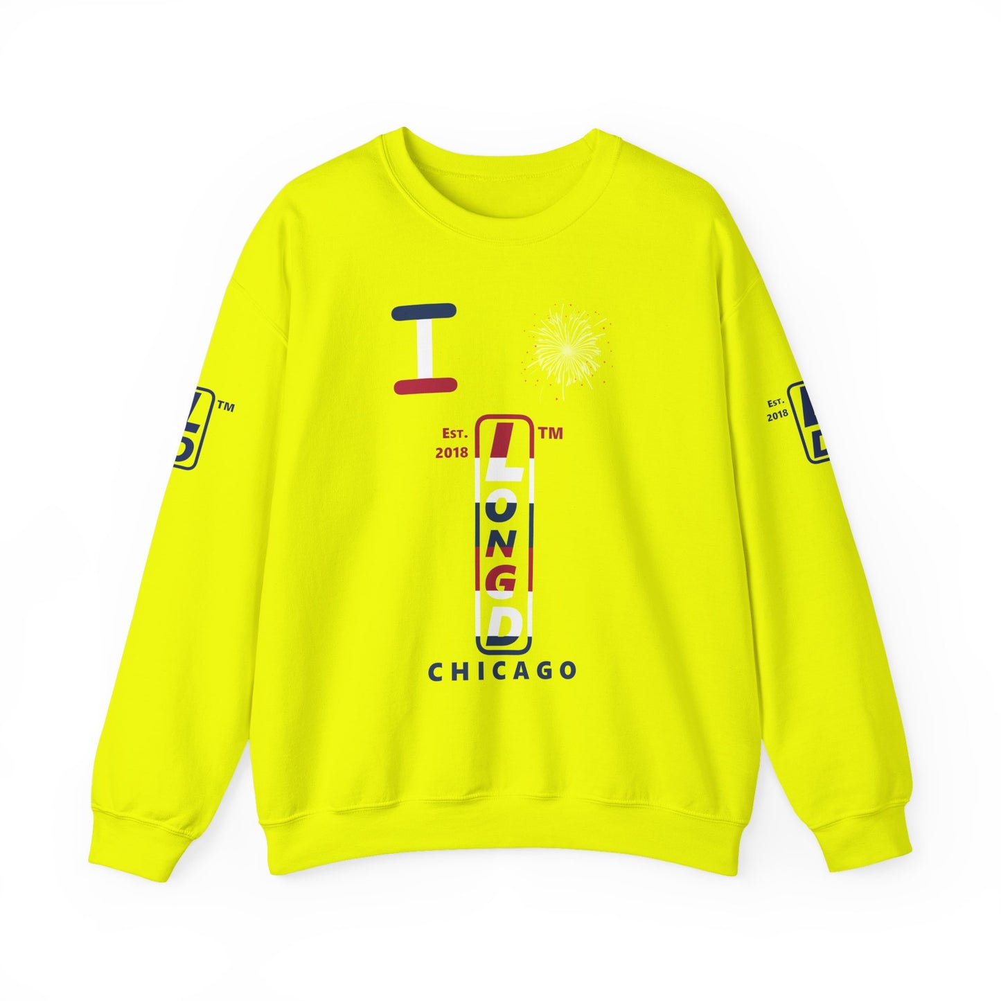 I Burst LongD positive horizontal 6-striped Chicago upright 4-print logo crewneck sweatshirt