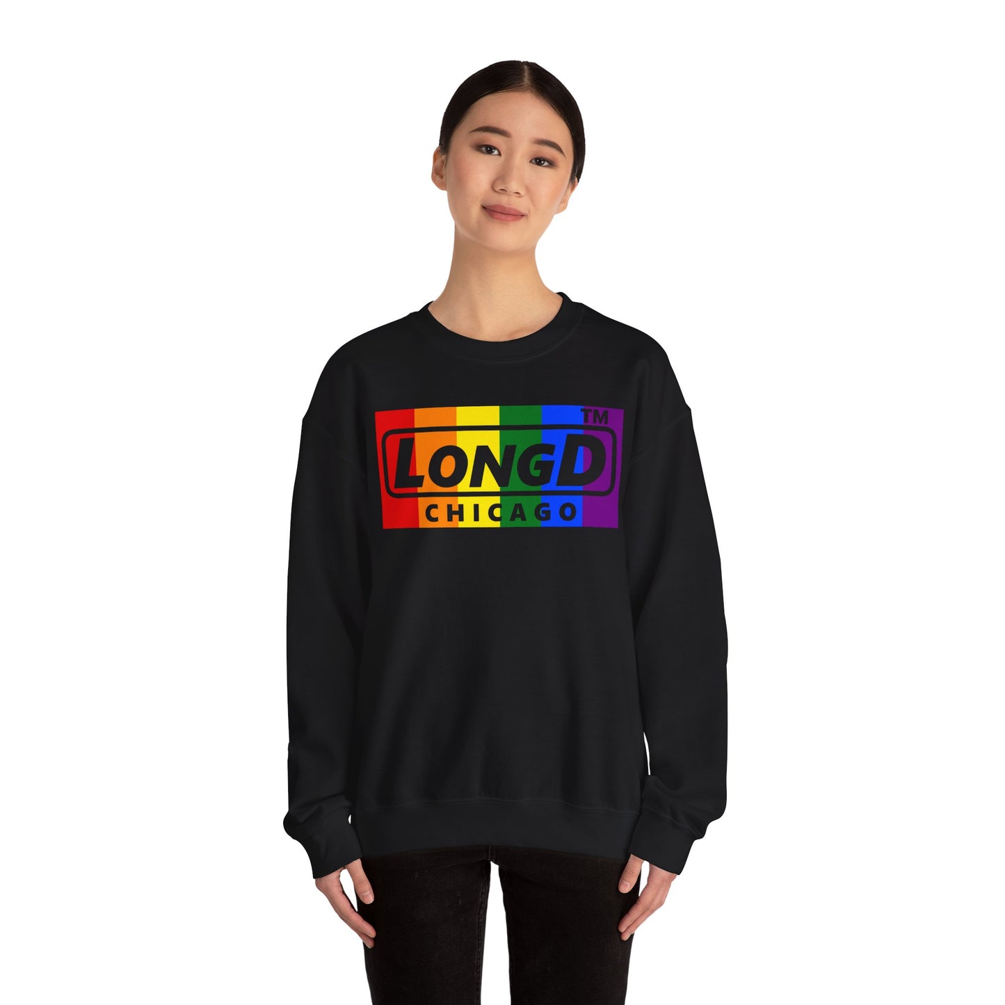 LongD negative vertical striped Chicago logo crewneck sweatshirt (Pride colors)