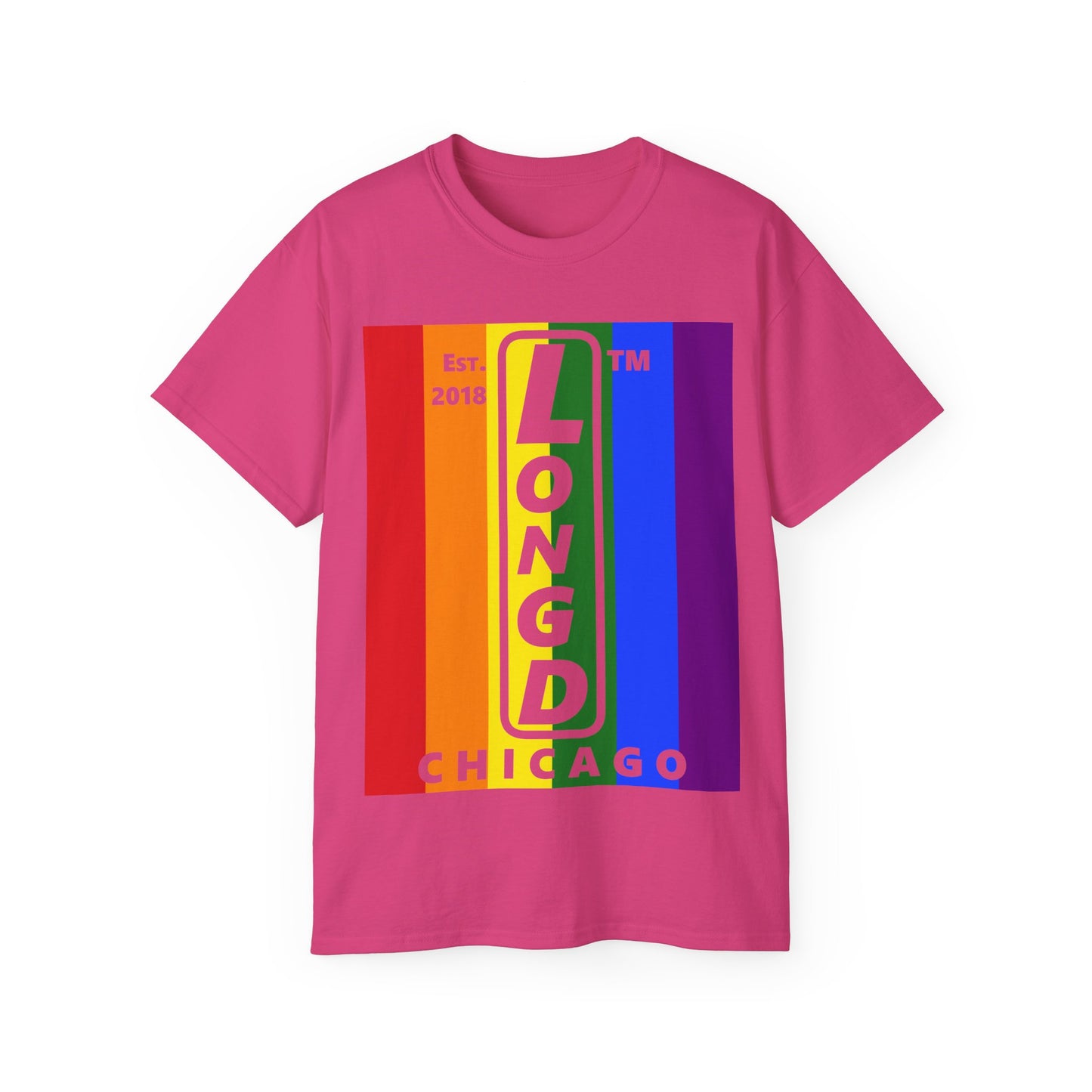 LongD Cotton Tee negative vertical striped Chicago upright logo (Pride colors)