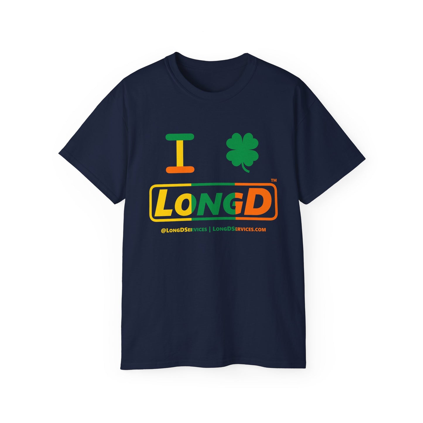 I Clover LongD® Logo Cotton Tee (St. Patrick's Day -Irish Green, Golden Yellow and Irish Orange thirds with 4-leaf clover)