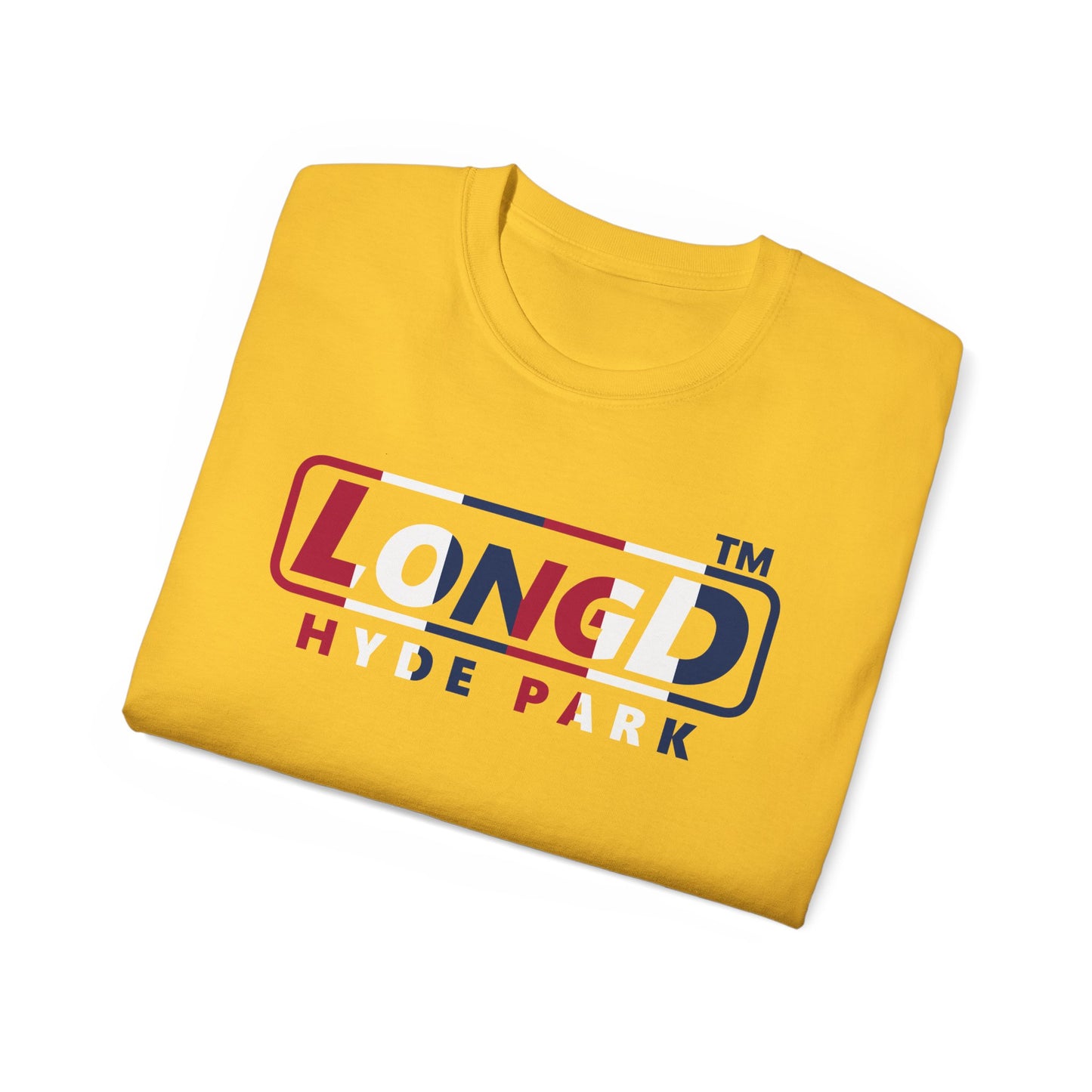 LongD positive vertical 6-striped Hyde Park logo cotton tee (patriotic colors)