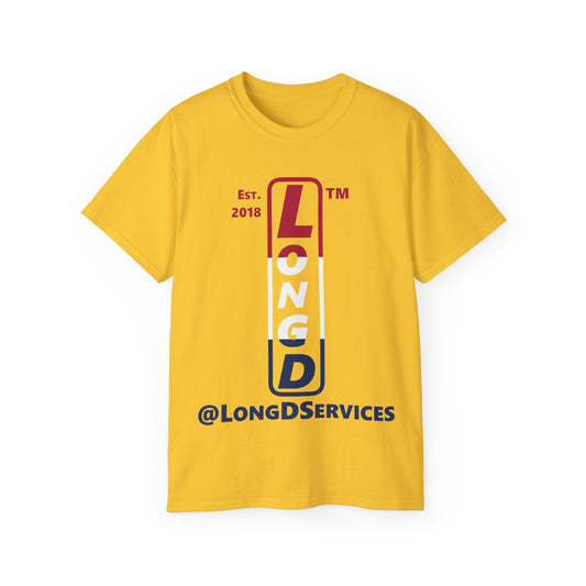 LongD cotton tee positive horizontal 3-striped tag upright logo (Patriotic colors)
