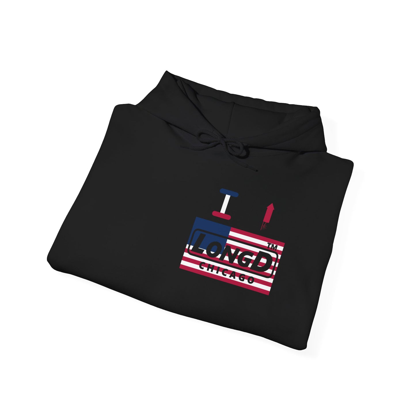 I firecracker LongD® negative flag front-back single breasted Chicago logo hoodie