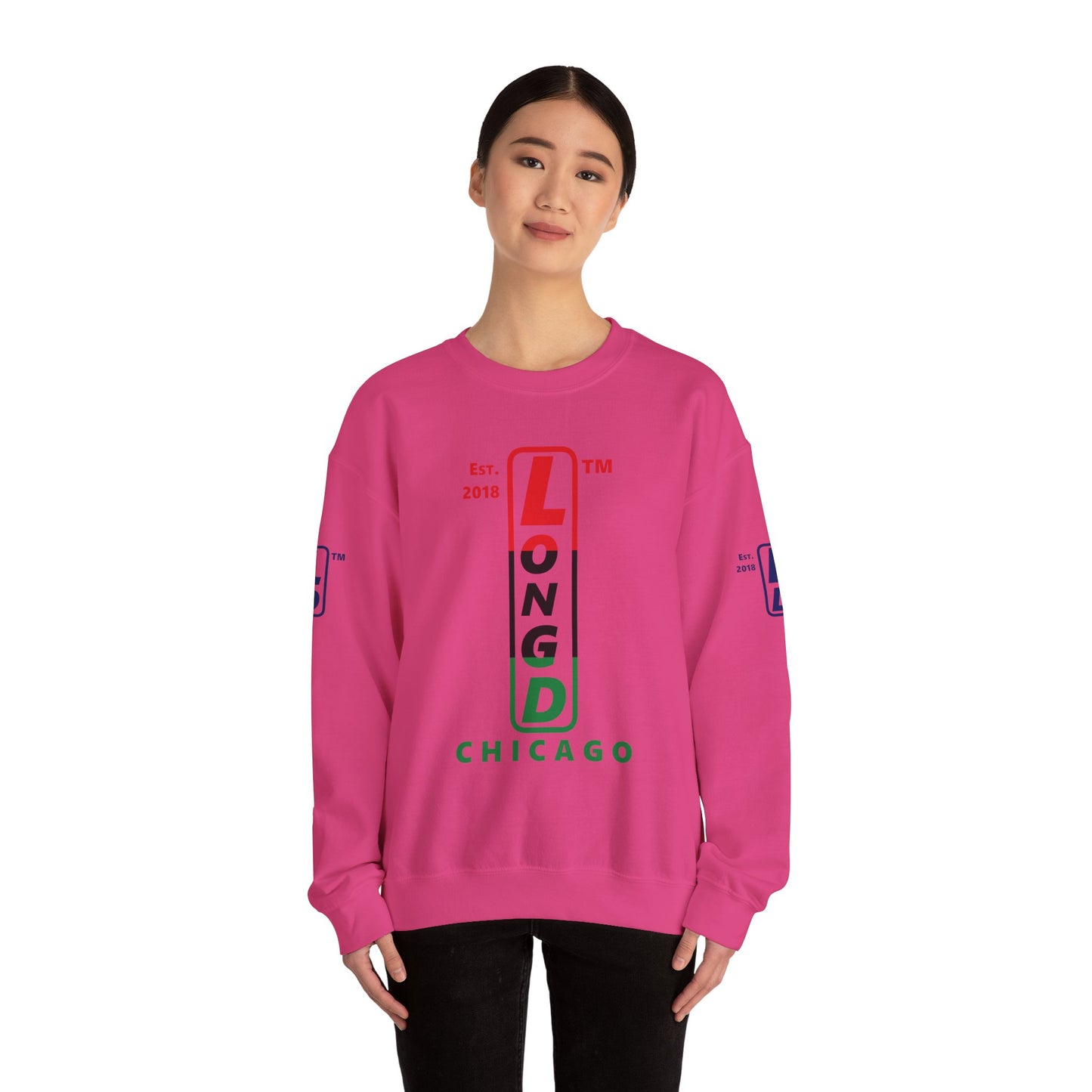 LongD positive horizontal 3-striped Chicago 4-print upright logo crewneck sweatshirt (Juneteenth colors)