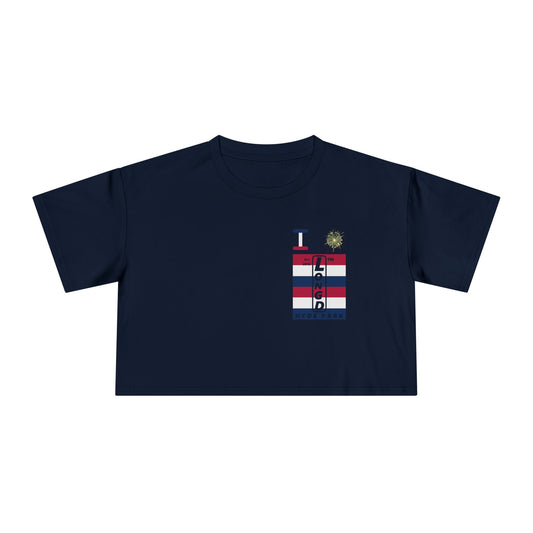 I burst LongD negative horizontal 6-striped upright single-breasted Hyde Park logo crop tee