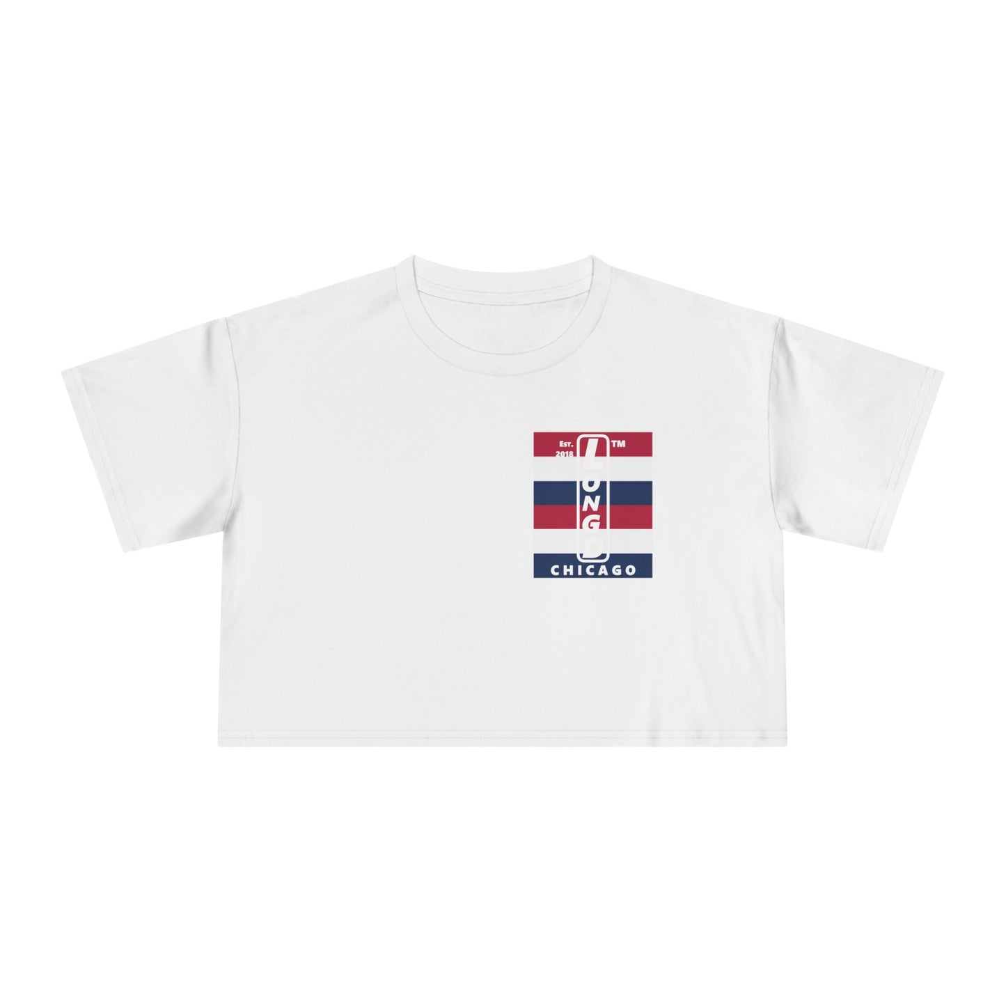 Negative horizontal 6-striped upright single-breasted Chicago logo crop tee (Patriotic colors)