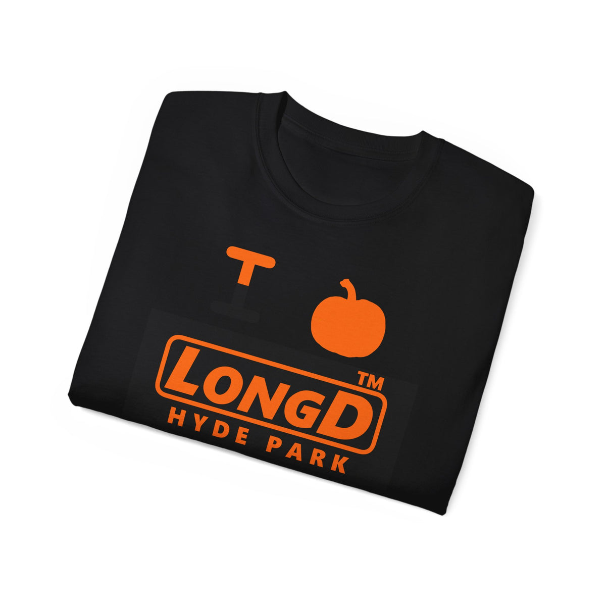 I pumpkin LongD Hyde Park logo positive orange on negative black cotton tee