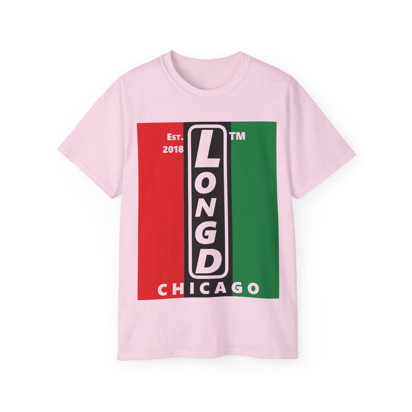 LongD Cotton Tee negative vertical striped Chicago upright logo (Juneteenth colors)