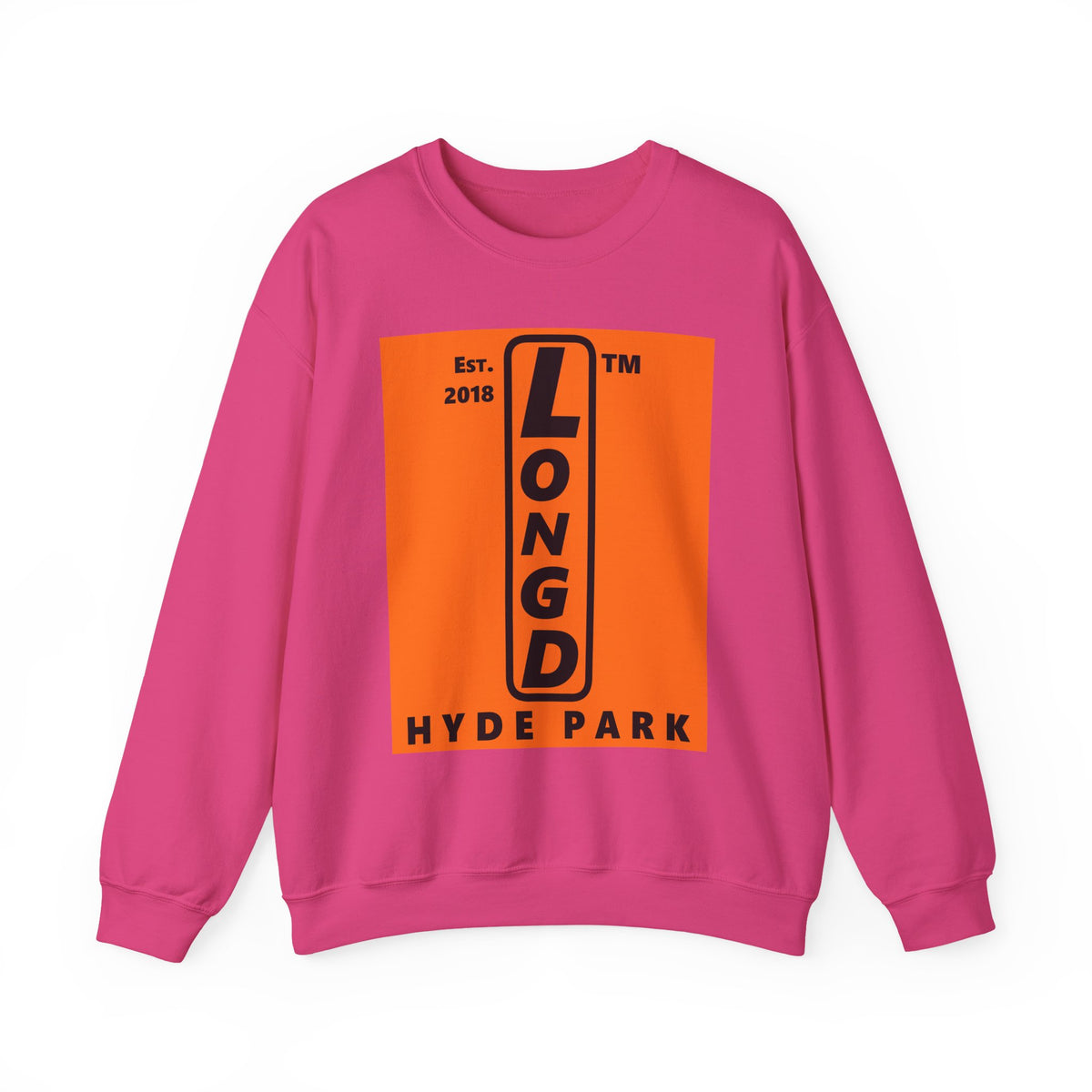 LongD Hyde Park upright logo Black (000000) on orange (FE7518) (Halloween colors) crewneck sweatshirt