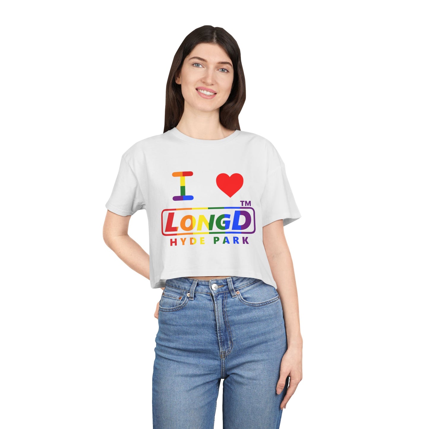 I Luv LongD positive vertical 6-striped Hyde Park logo crop tee (Pride colors)