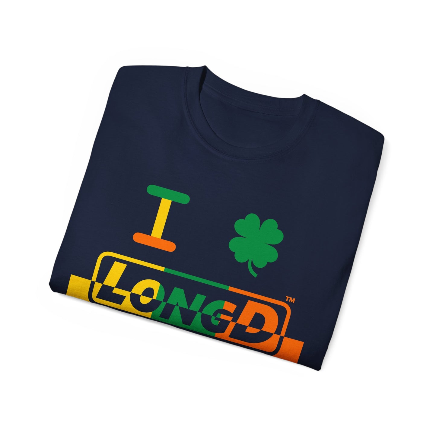 I Clover LongD® Logo Cotton Tee (St. Patrick's Day -Irish Green, Golden Yellow and Irish Orange thirds top-bottom positive-negative split with 4-leaf clover)
