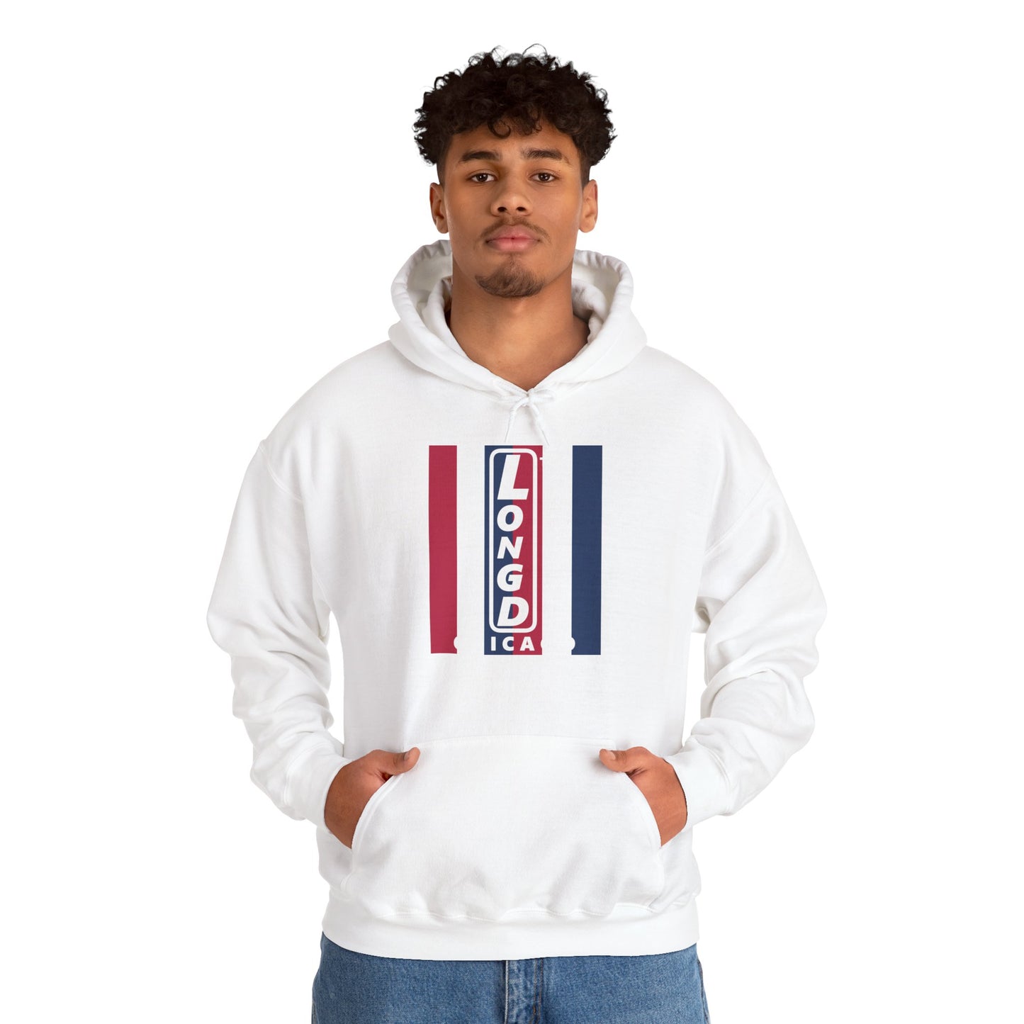 LongD® negative vertical 6-striped upright Chicago logo hoodie