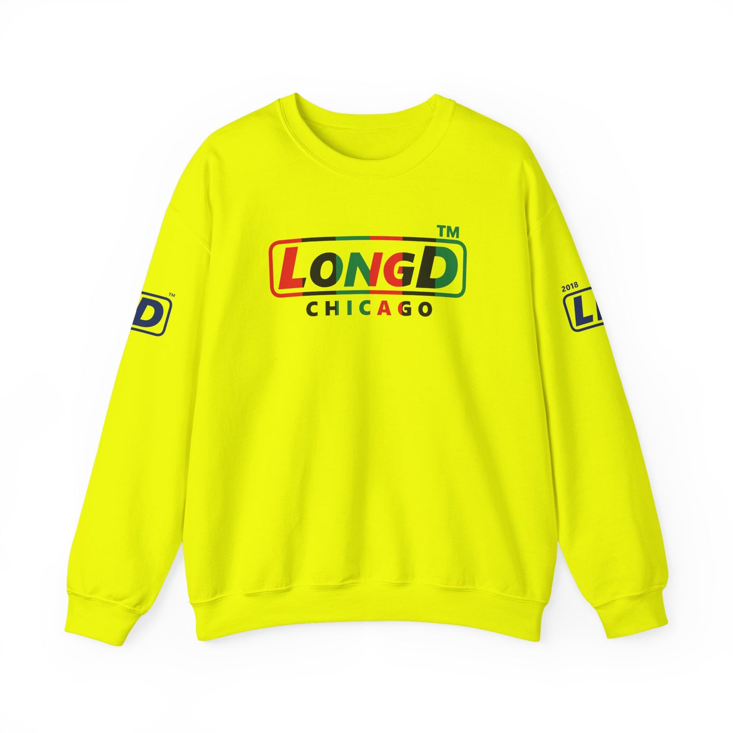 LongD positive vertical 6-striped 4-print Chicago logo crewneck sweatshirt (Juneteenth colors)