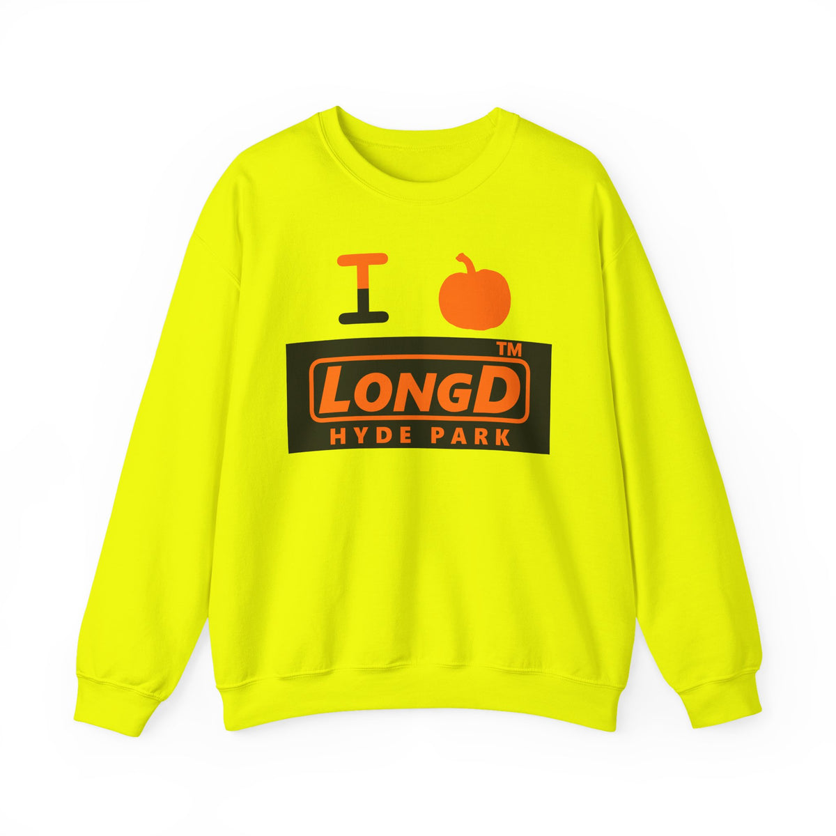 I pumpkin LongD Hyde Park logo positive orange on negative black crewneck sweatshirt